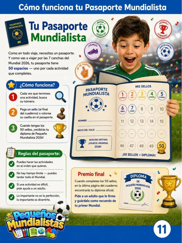 Página real del cuaderno: el Pasaporte Mundialista con 50 espacios para sellos