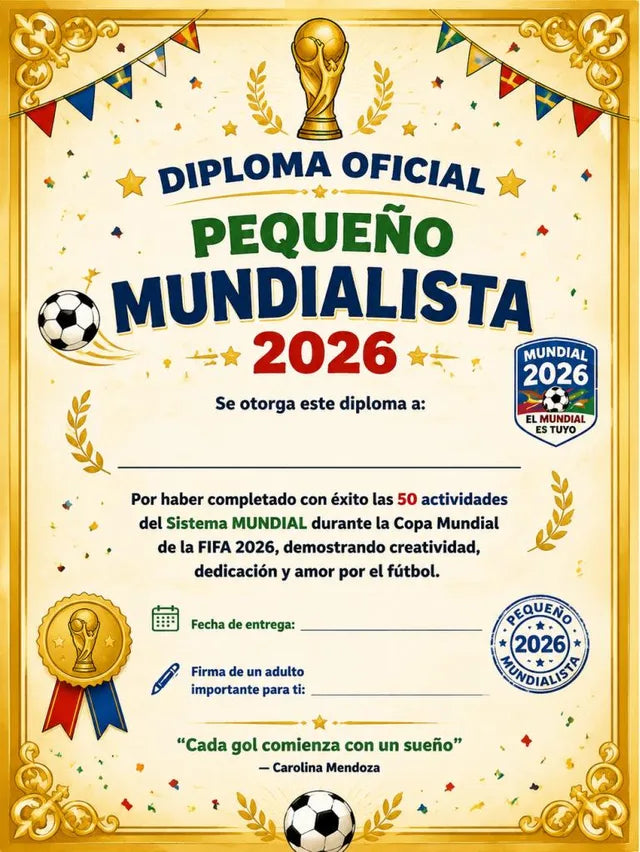 Diploma de Pequeño Mundialista 2026 para imprimir y firmar